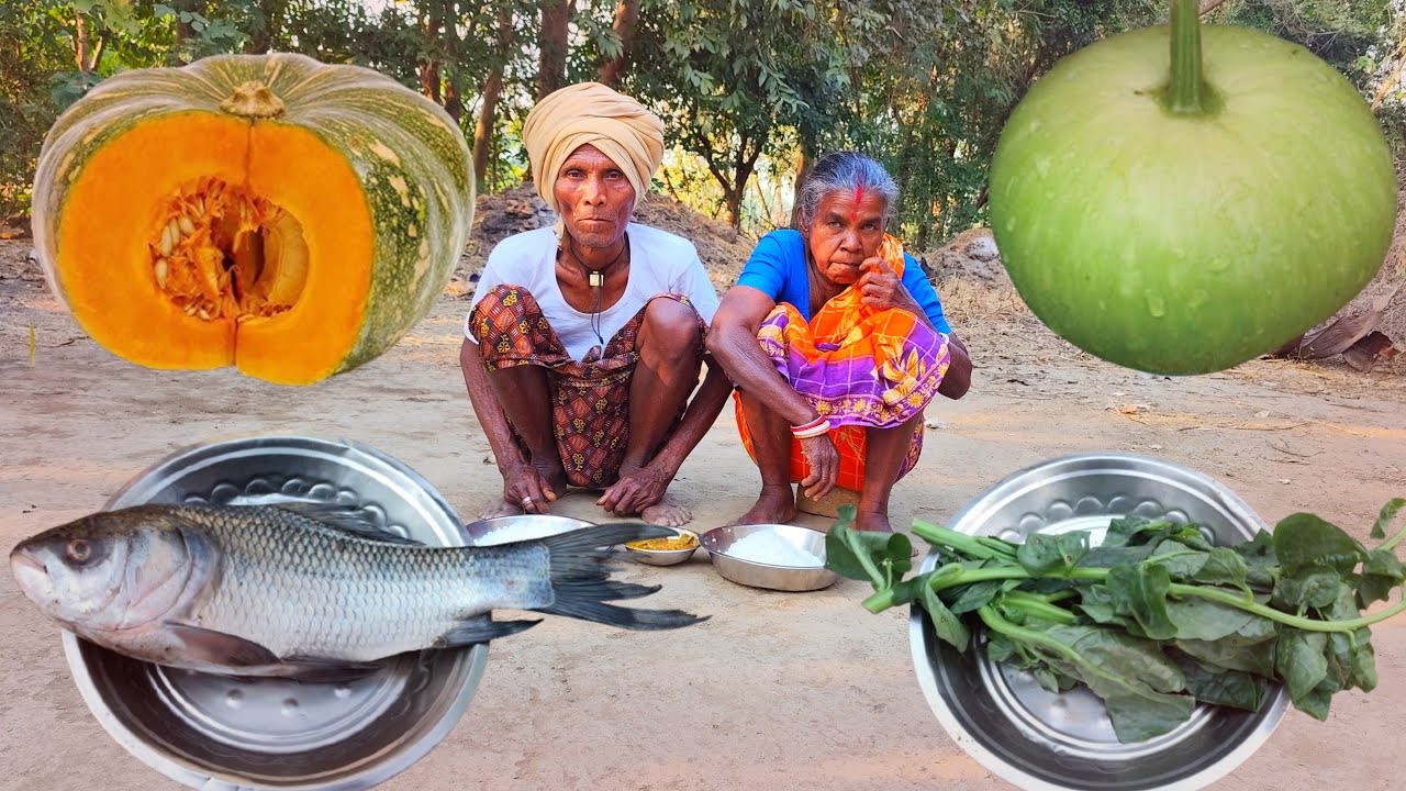 rural old grandma cooking BIG FISH curry with BOTTLE GOURD and eating || cooking PUMPKIN vegetable