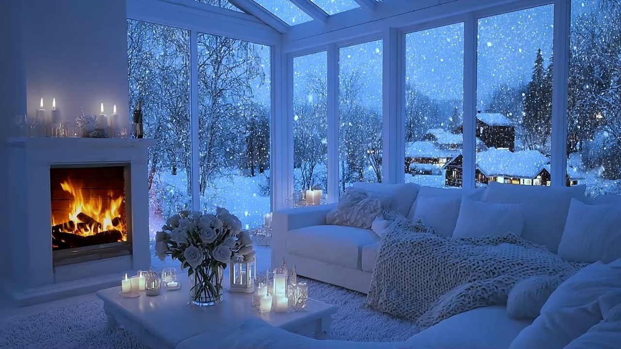 Winter Piano Lounge in White Room ❄️ Fireplace & Falling Snow for Deep Focus & Sleep