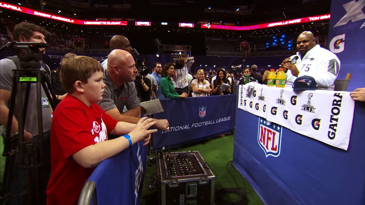 Panini Kid Reporter Dylan Cooperider Grills the New England Patriots at Super Bowl Media Day
