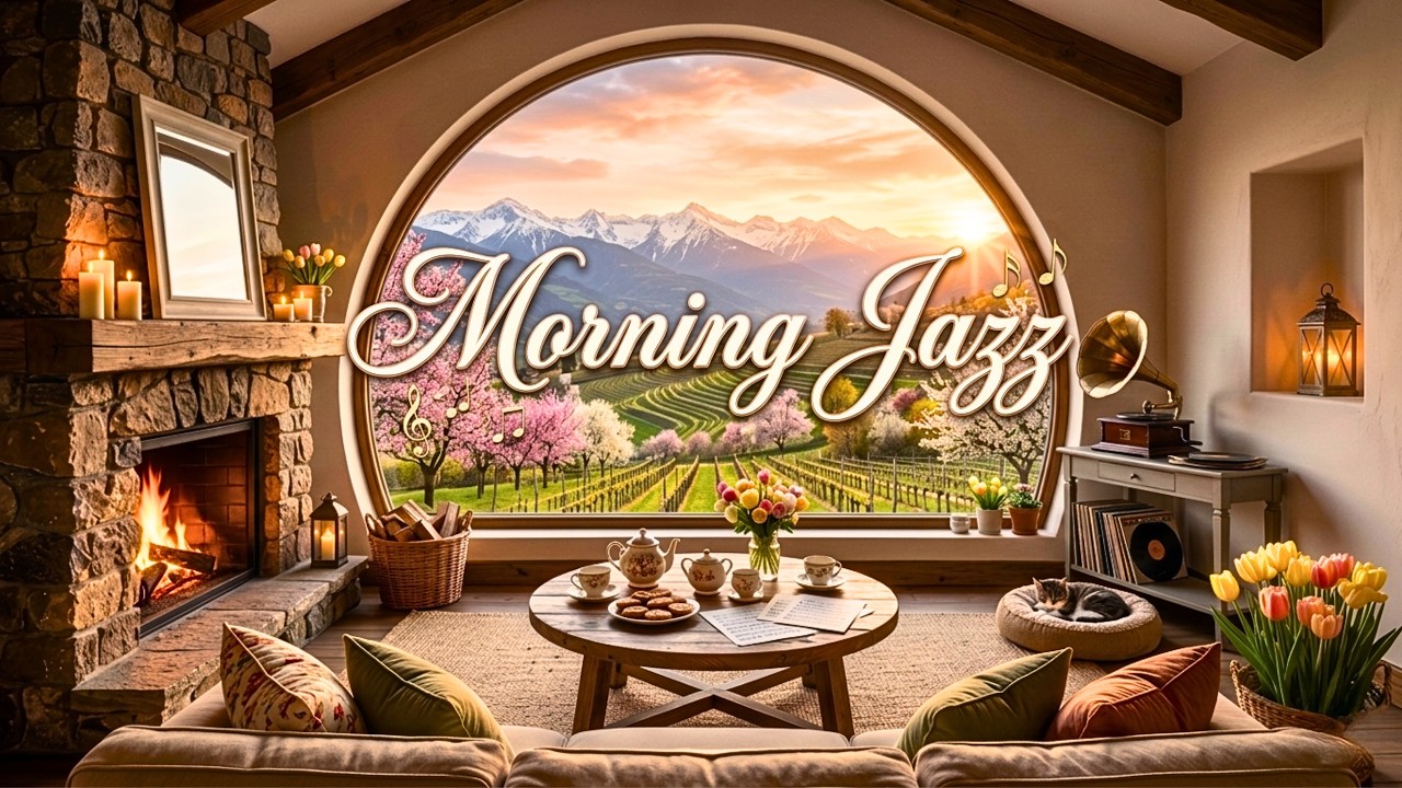 🌸 Morning Jazz ☕ Cozy Spring Cabin & Fireplace | Relaxing Harmonica Jazz for Study & Focu