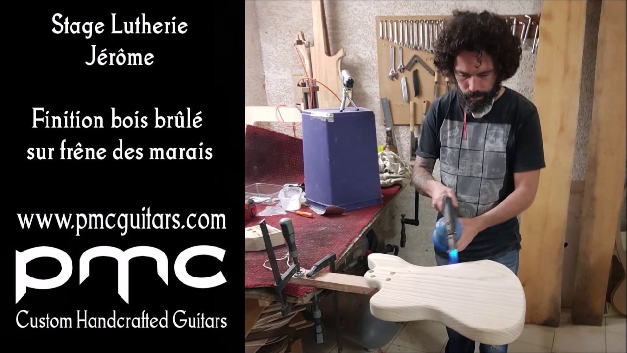 Stage de fabrication guitare à l'atelier PMC Guitares : Jérôme, finition bois brûlé (Shou Sugi Ban)