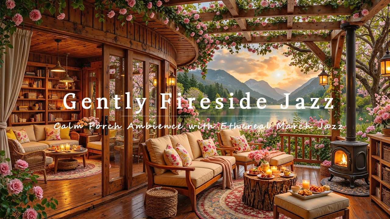 Gently Fireside on a Spring Lakeside | Calm Porch Ambience with Ethereal March Jazz to Relax & Work