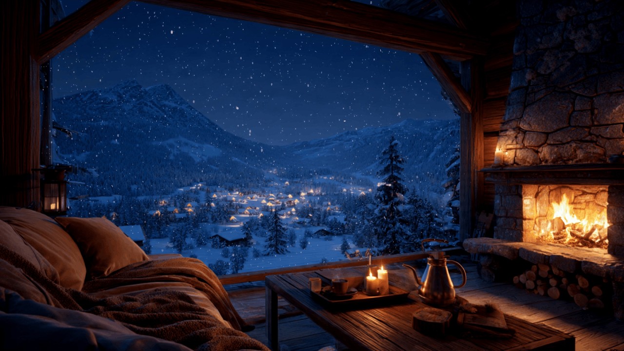 Winter Cabin Night | 🔥Crackling Fireplace | Deep Relaxation