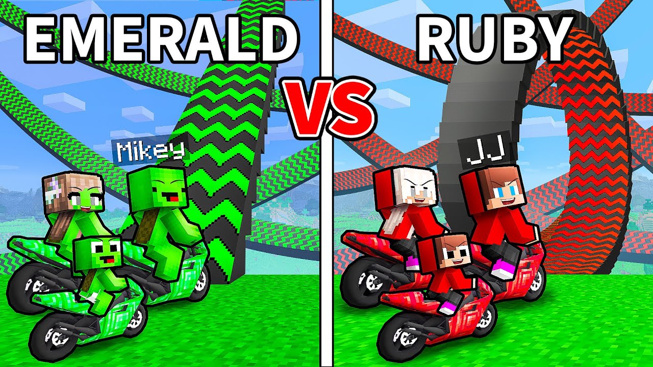 JJ and Mikey: RUBY vs EMERALD Trampoline Family Battle in Minecraft - Maizen