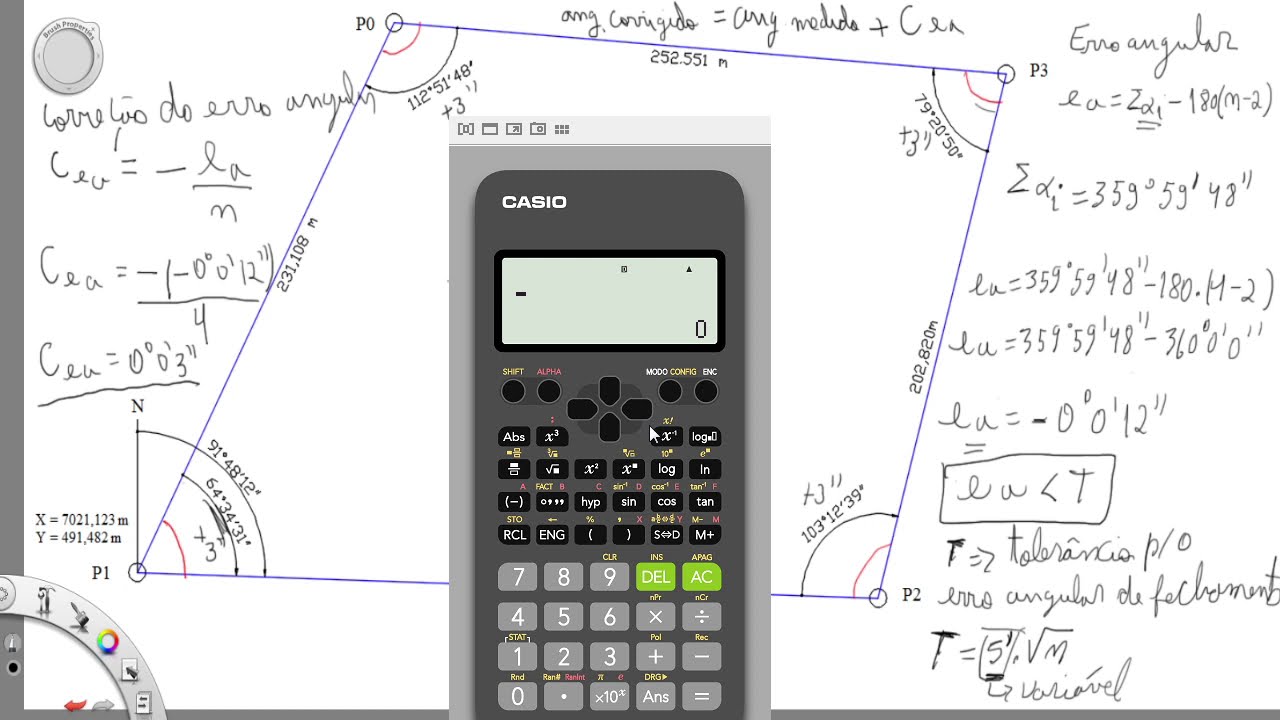 Topografia - Correção do erro angular  em poligonal topográfica - compensando os ângulos medidos.