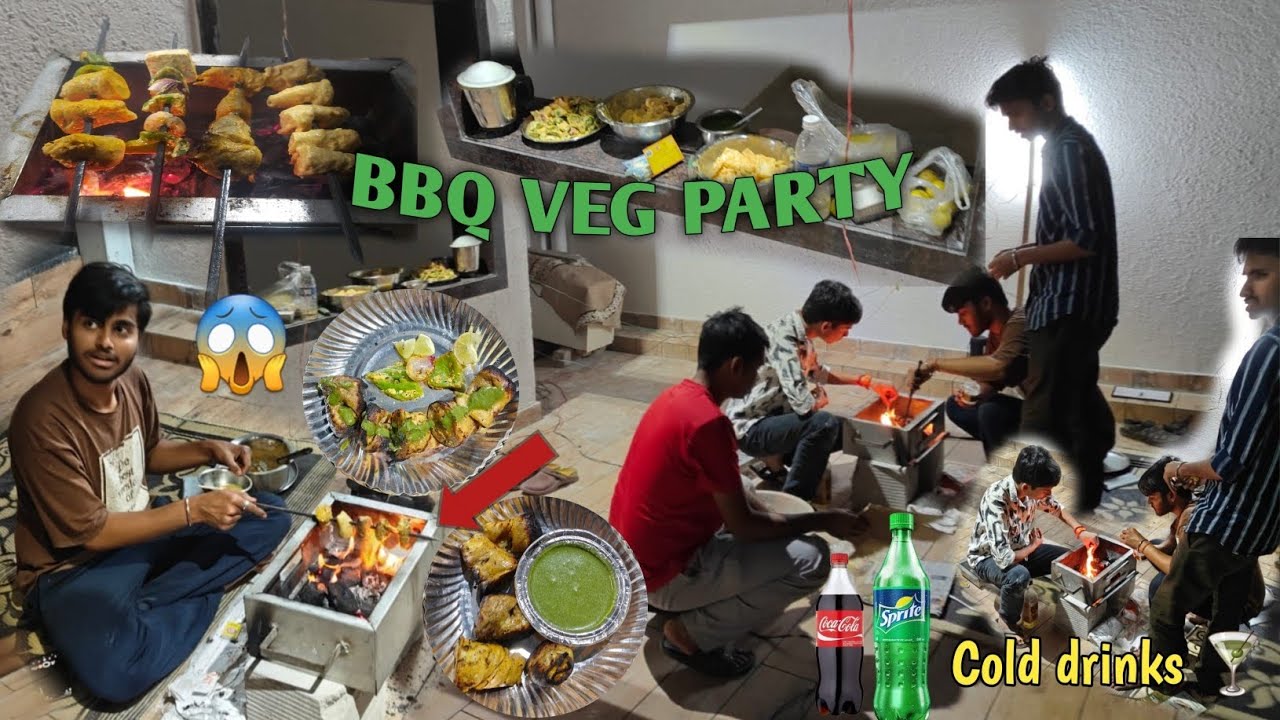 VEG BBQ PARTY WITH FRIENDS 😱 || COLD DRINKS 🍸 VEG CHAAP VEG PANEER TIKKA || LOTS OF FUN ||