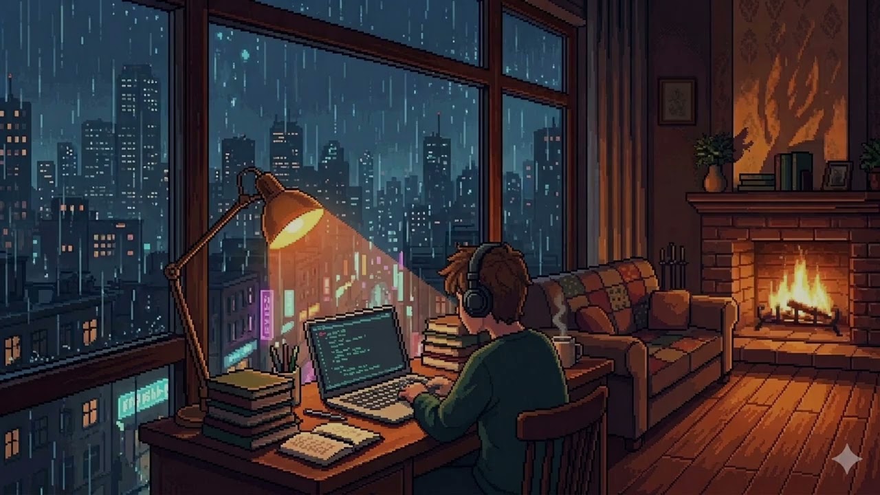 Rainy Night Study Room ☔ Lofi Jazz Rain Ambience for Study, Focus & Sleep