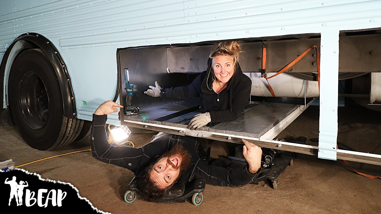 Working In Tight Quarters | Skoolie Basement Floor Construction | Part 2 Underbody Storage