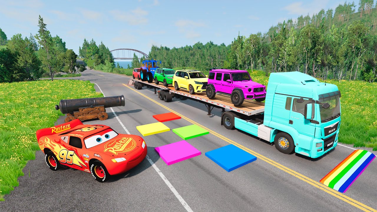 Flatbed Truck McQueen /Transportation with Truck - Pothole vs Car #036 / BeamNG.Drive Gameplay