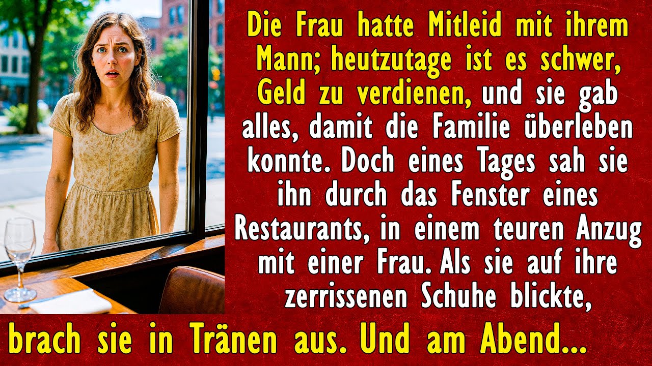 Die Frau sah ihren Mann durch das Fenster eines Restaurants, in einem teuren Anzug mit einer Frau
