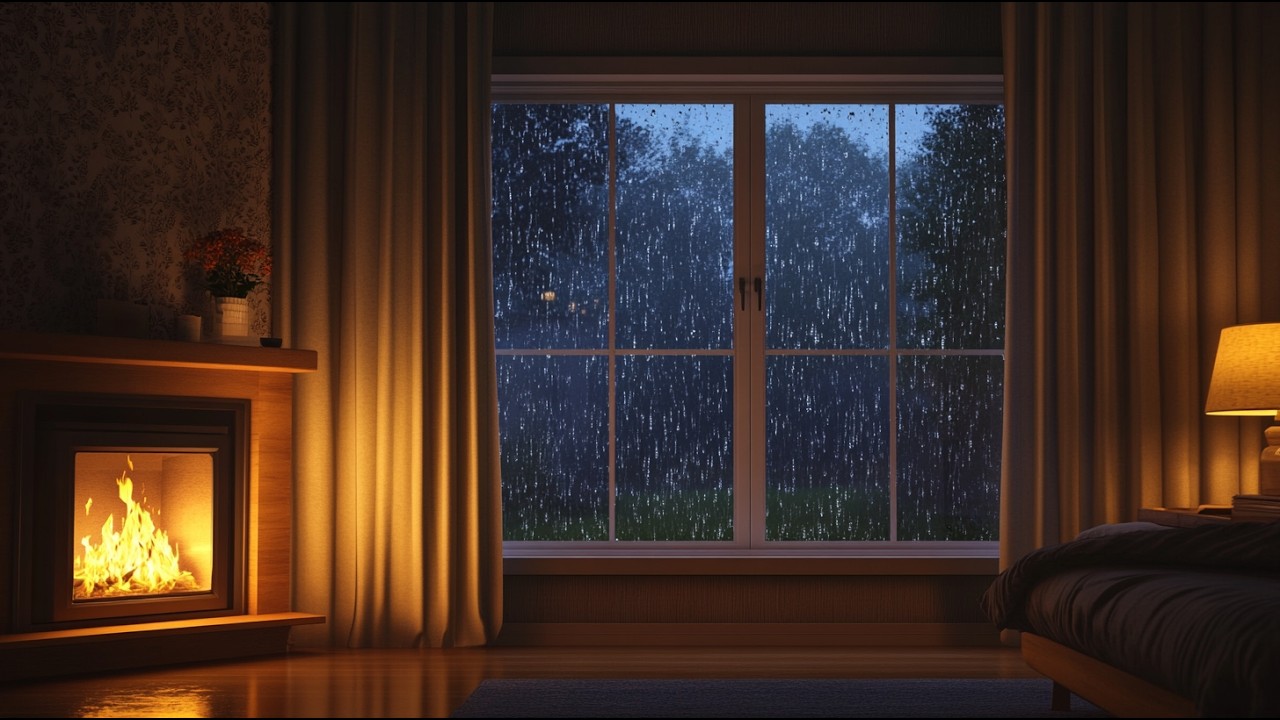 Heavy Rain & Crackling Fireplace Sounds (NO THUNDER) | 8 Hours Sleep, Study, Relax