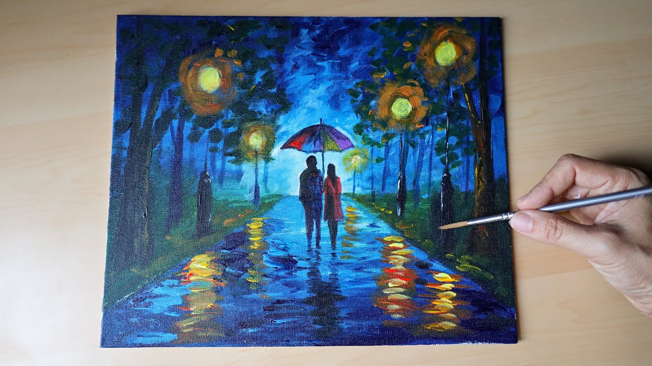 Easy Acrylic Painting | Couple Under Streetlights in the Rain | Relaxing Art Video