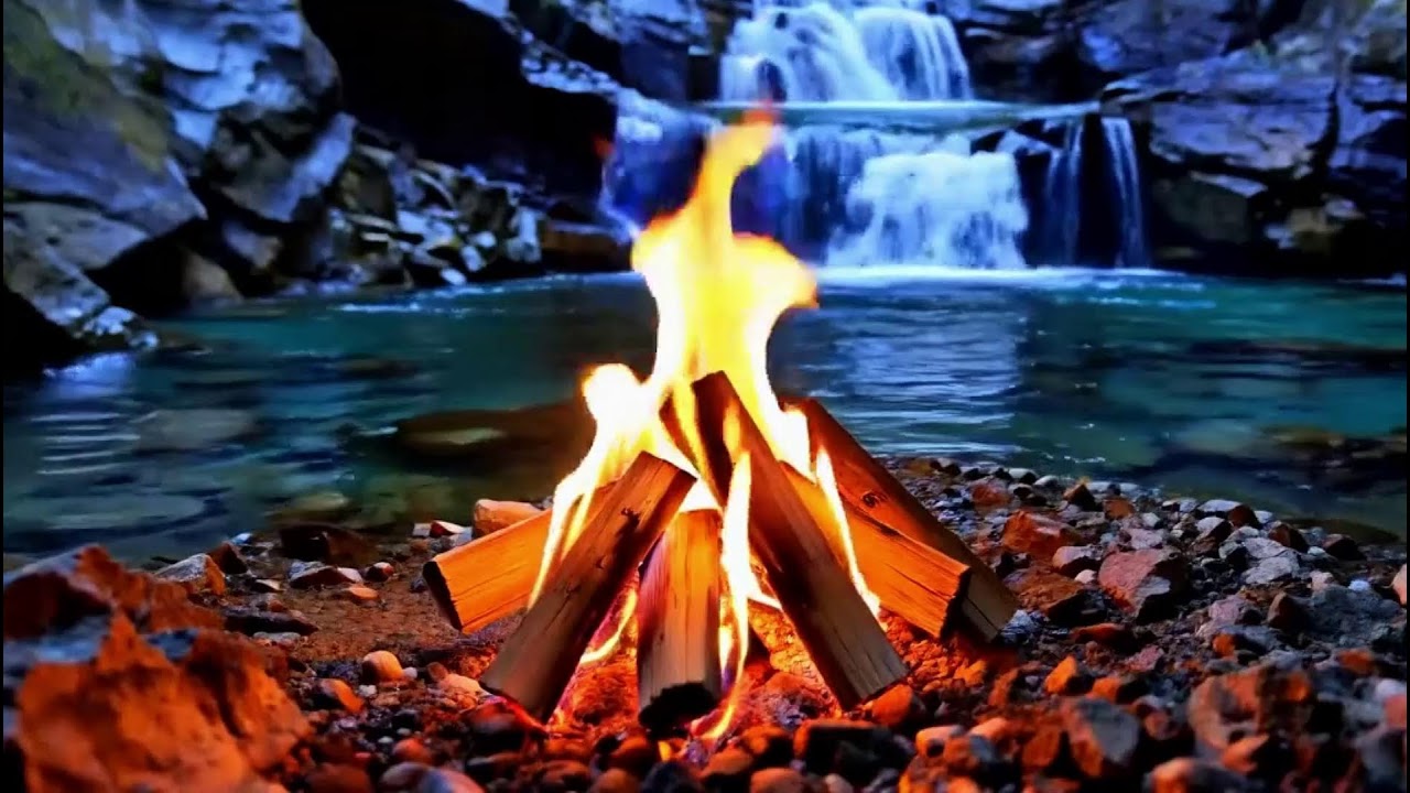 Quiet Cozy Fire &  Natural Waterfall Background Ambience with Birds | Cozy Hearth ASMR | Calm Focus