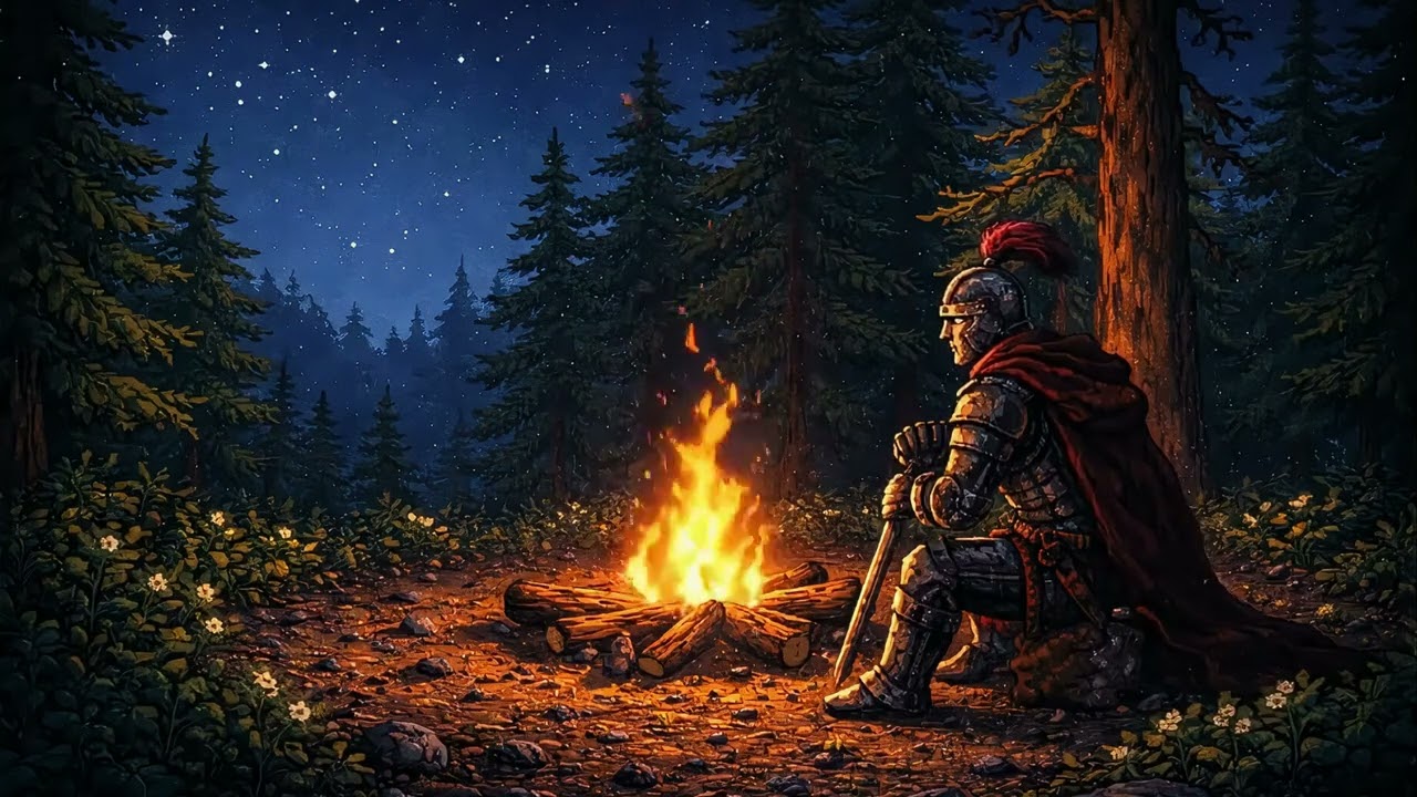 A weary knight rests around a campfire
