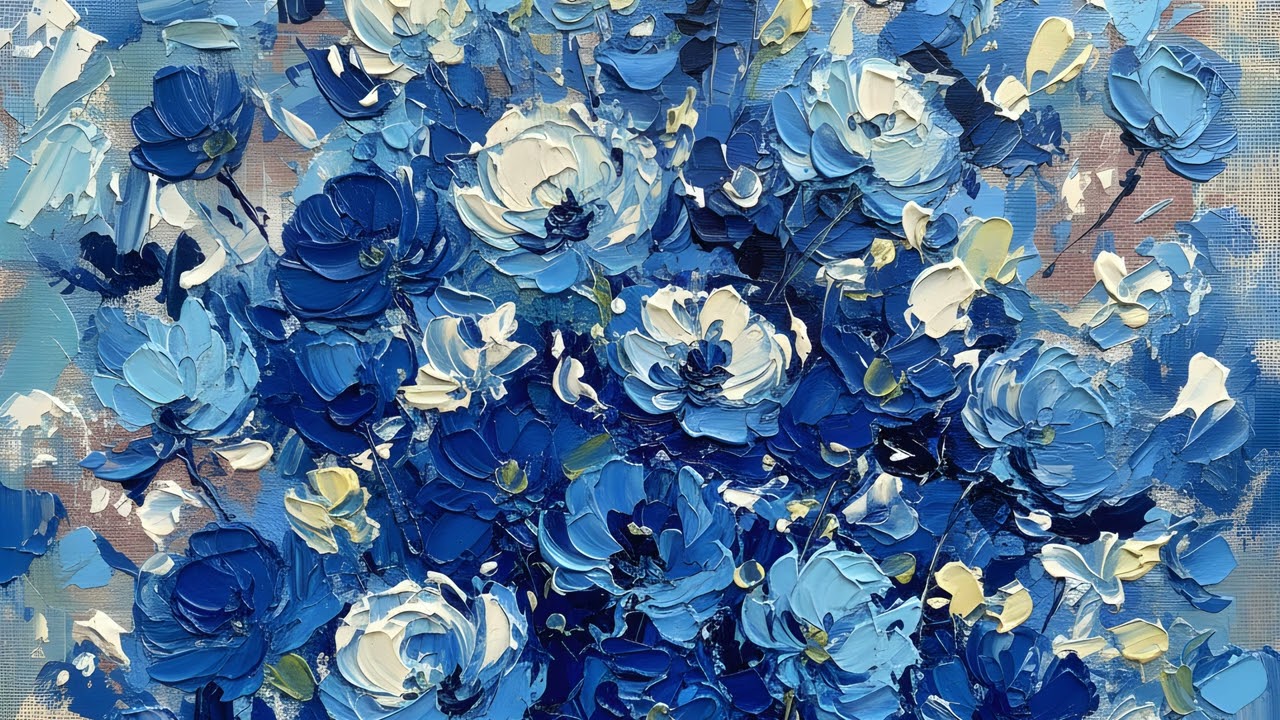 Flowers TV Art UHD 4K Silent Screensaver | Abstract Blue TV Wallpaper l 2 Hours l 1 Oil Painting
