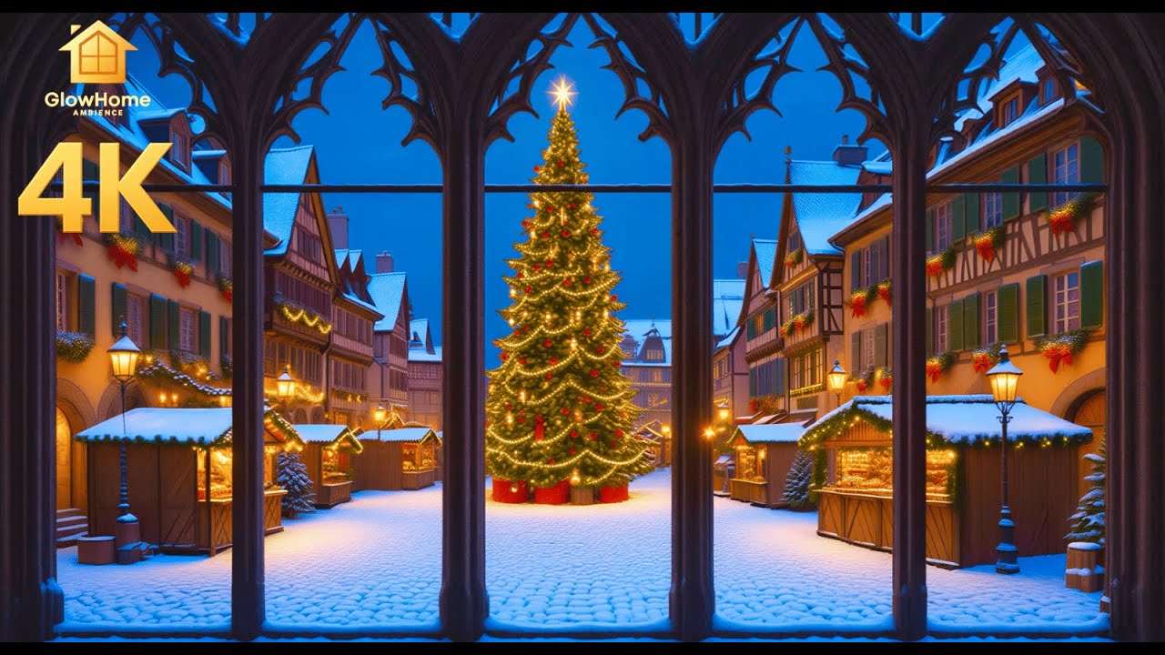 Cozy Christmas Village Window 🎄 Blizzard Sounds for Sleep & 4K Projector Screensaver