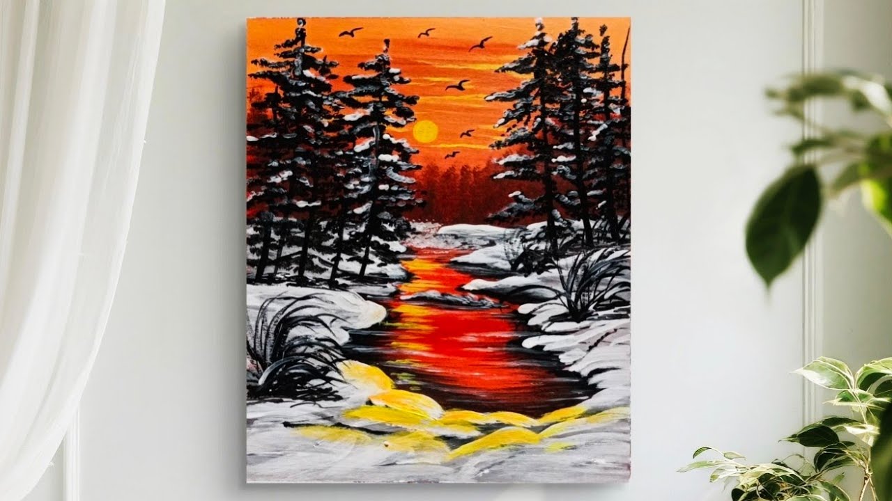 Winter Sunset Lake Painting / Winter Painting / Christmass Painting / Acrylic Painting Tutorial 