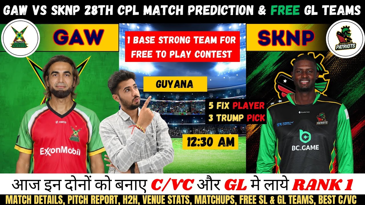 GUY vs SKNP Dream11 Prediction,Guyana Amazon Warriors vs St Kitts and Nevis Patriots Fantasy Team 