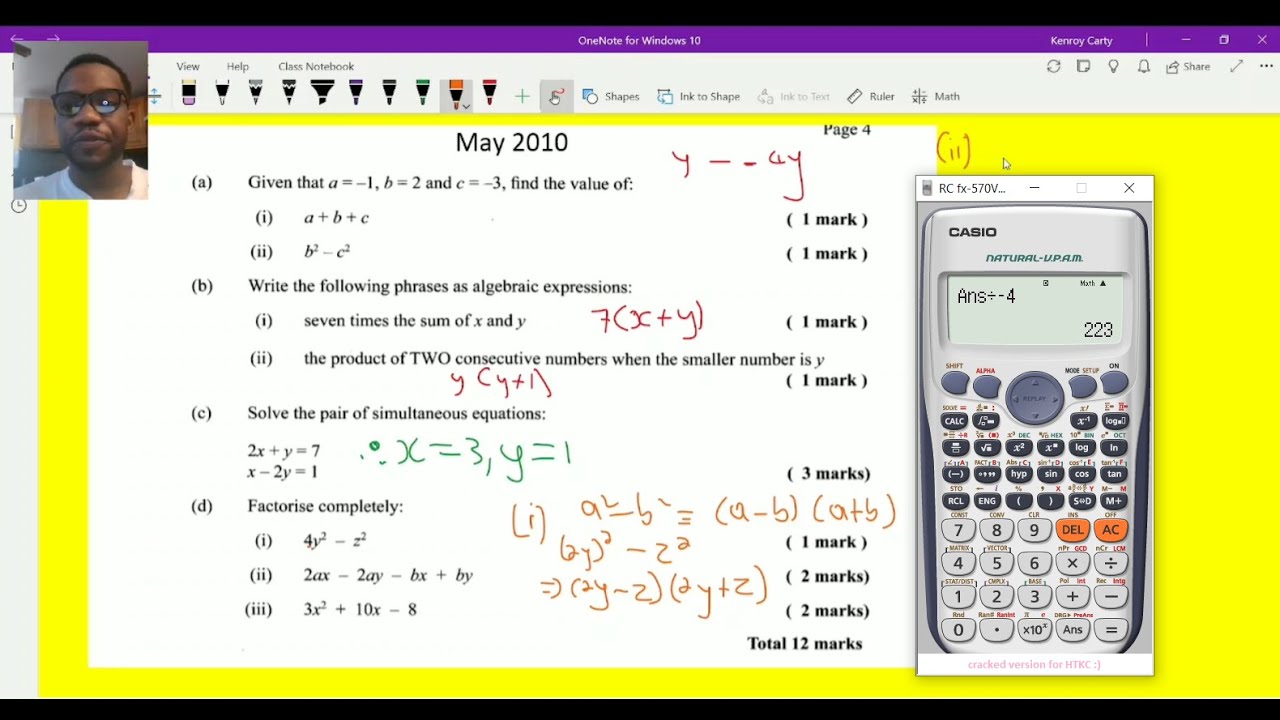 CXC math past paper questions (Algebra 2010 to 2013)