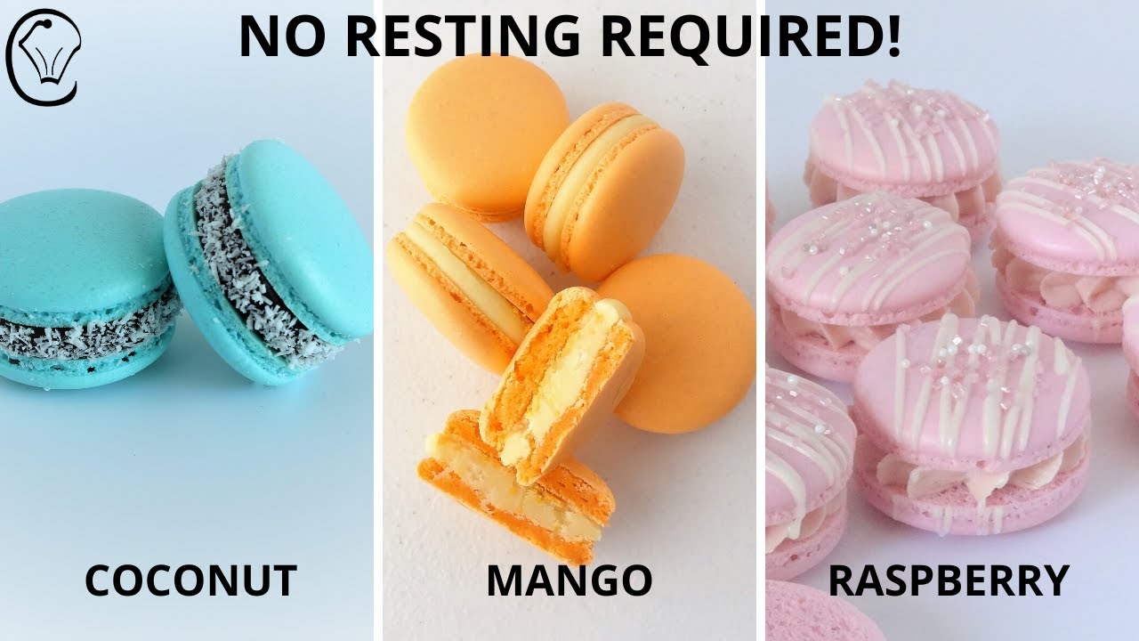 3 Foolproof French Macarons COCONUT RASPBERRY MANGO No Resting Required! Full Shells Step by Step