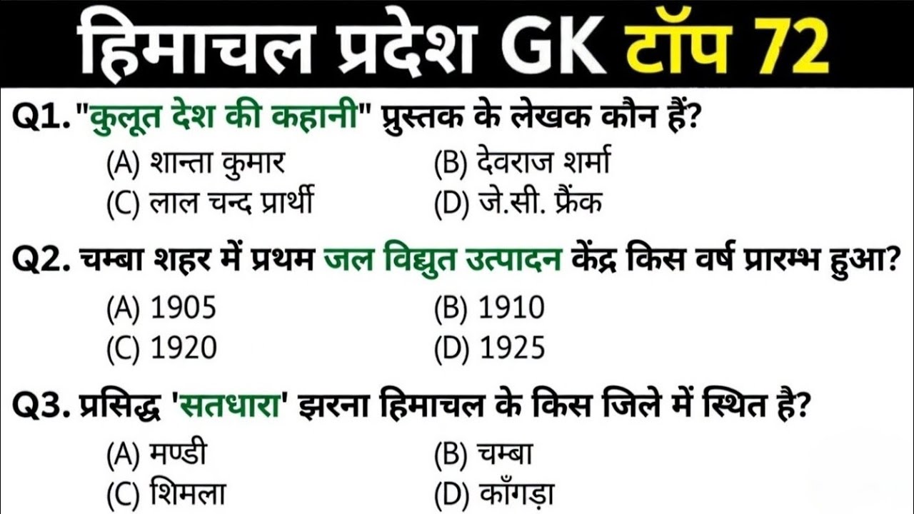 Himachal Pradesh GK Top 72 | HP Patawari / HP Police / HPPSC Special MCQ | 100% Important Questions🔥