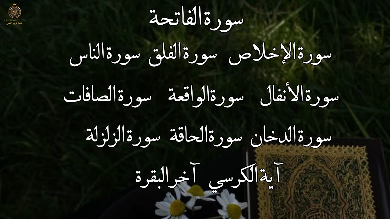 سورة الفاتحة و الأنفال و الواقعة  والصافات والدخان  والحاقة و الزلزلة المعوذات آية الكرسي آخر البقرة