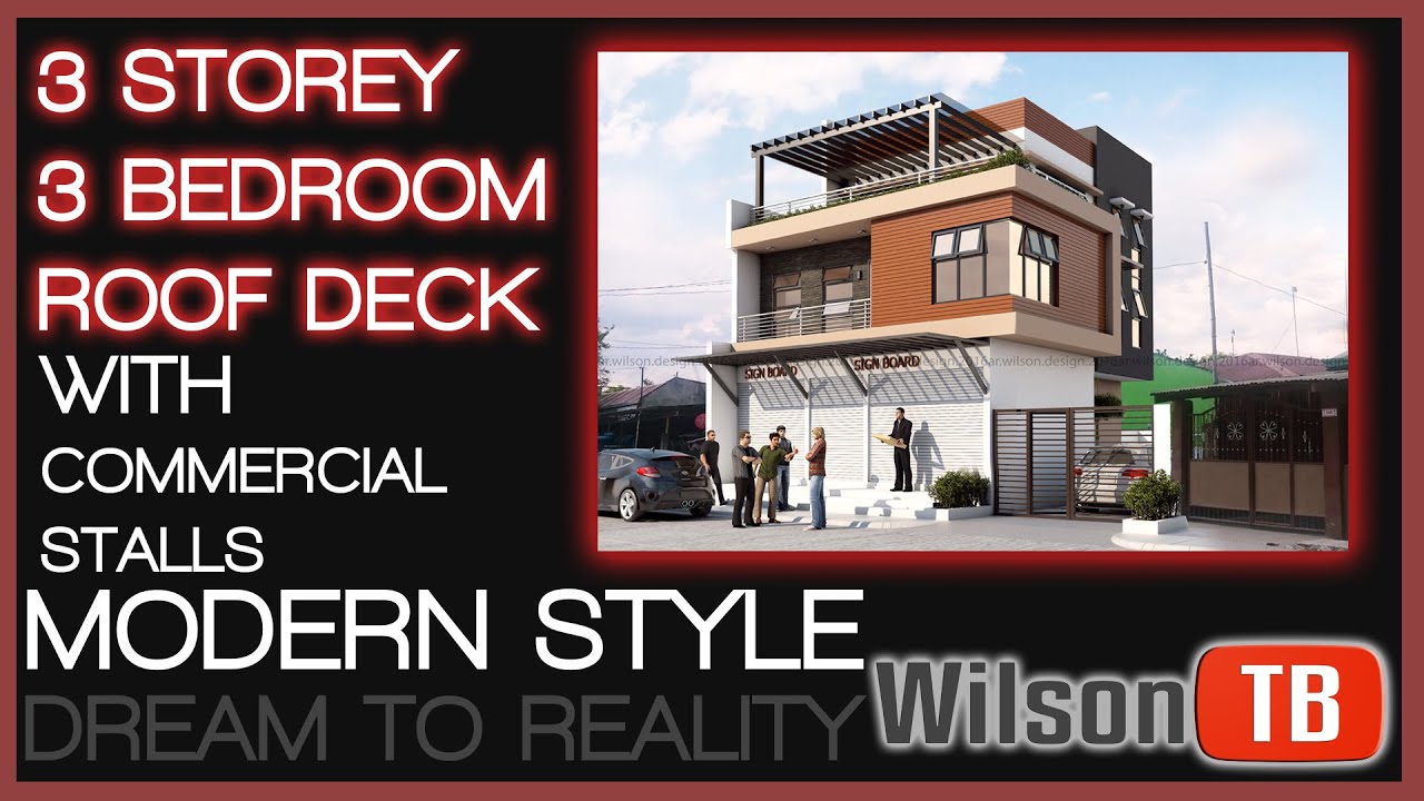 HOME IDEAS |3 STOREY MODERN STYLE W/ COMMERCIAL STALLS + ROOF DECK| 3D ANIMATION | LUMION | SKETCHUP