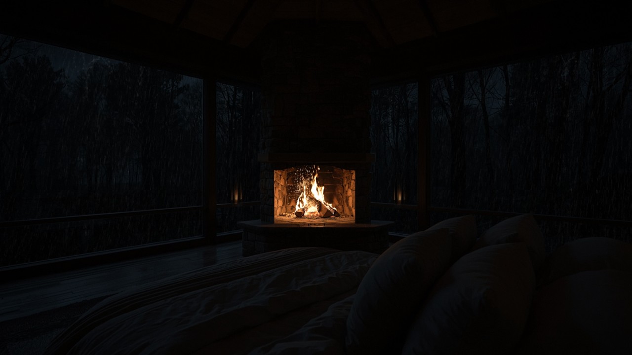 Cabin Night and Warm Fireplace | Rainy Forest Night Sounds for Sleep, Calm & Relaxation