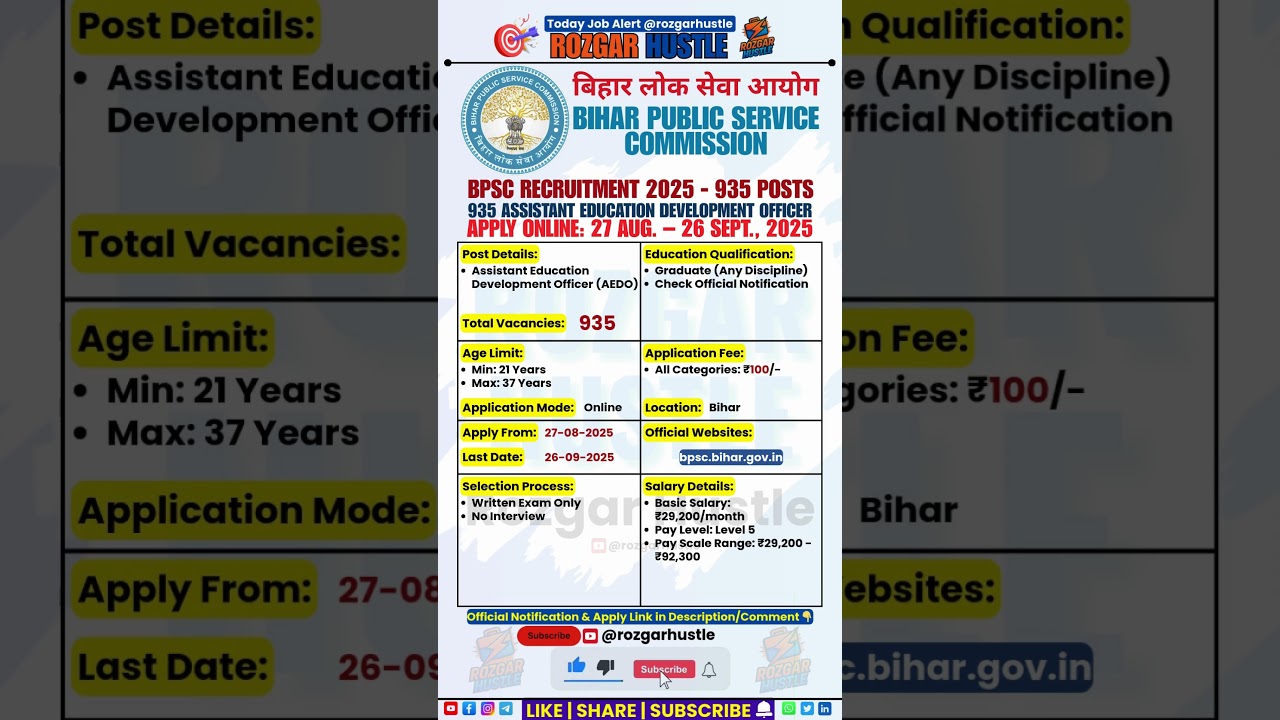BPSC AEDO Recruitment 2025 &ndash; 935 Assistant Education Officer Posts | Apply Now #shorts #job #bpsc