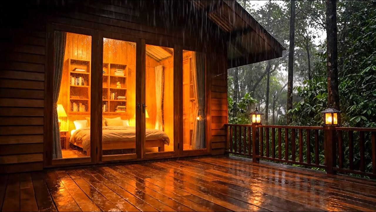 Calming Rain Sound and Soft Rain Falling Across a Quiet Forest Cabin Porch for Deep Relaxation