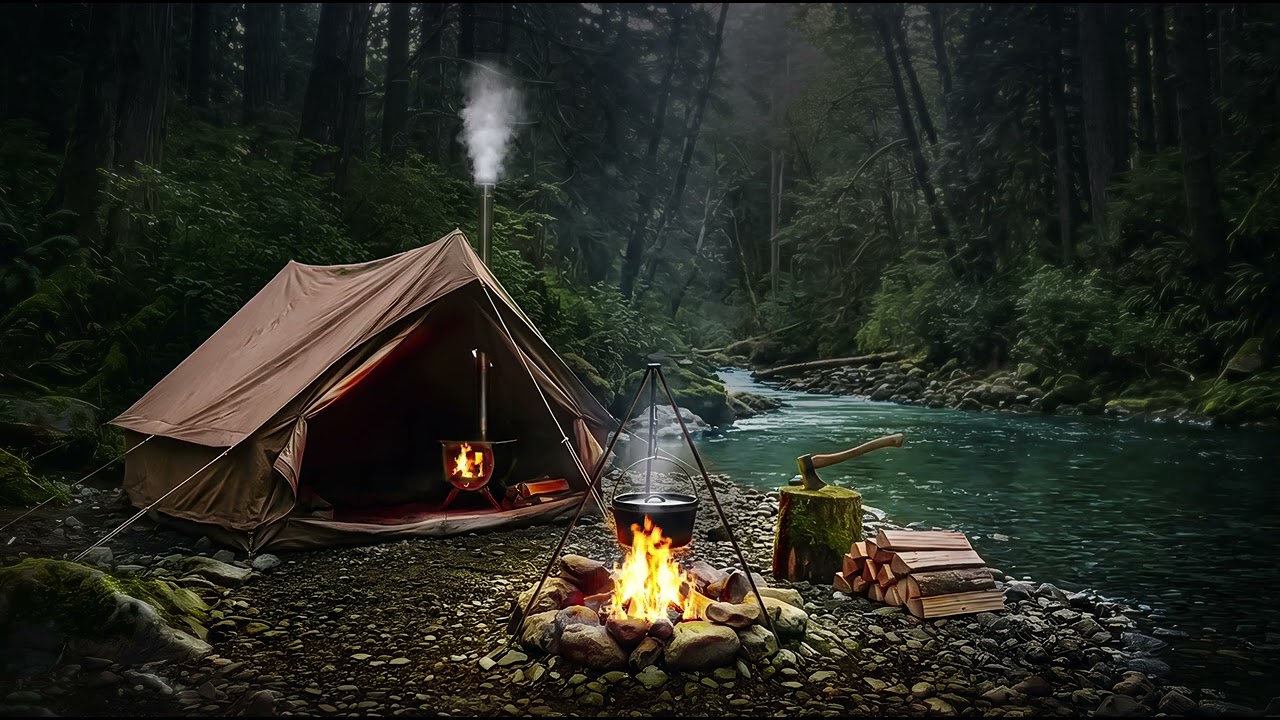 4K Safe Haven: Campfire & River Sounds for a Calm Rainy Night in the Woods 🏕️🌙