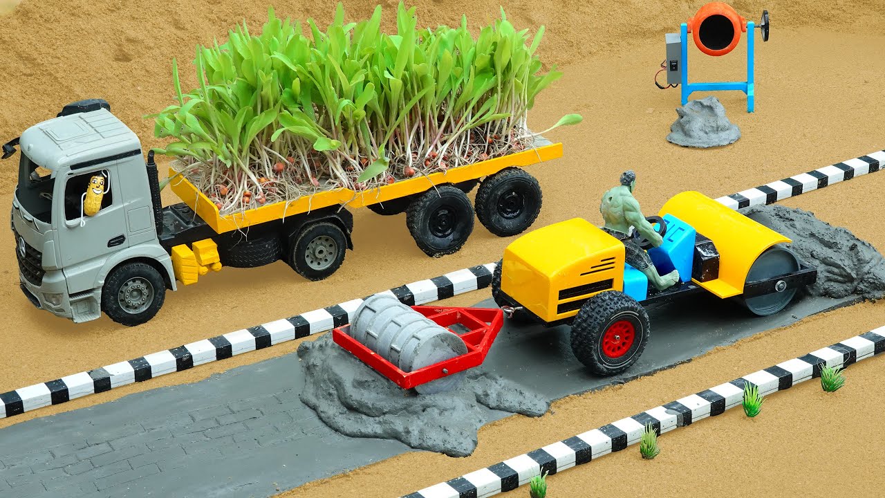 DIY Truck Rescue on Sandy Road | Concrete Road Construction with Homemade Roller