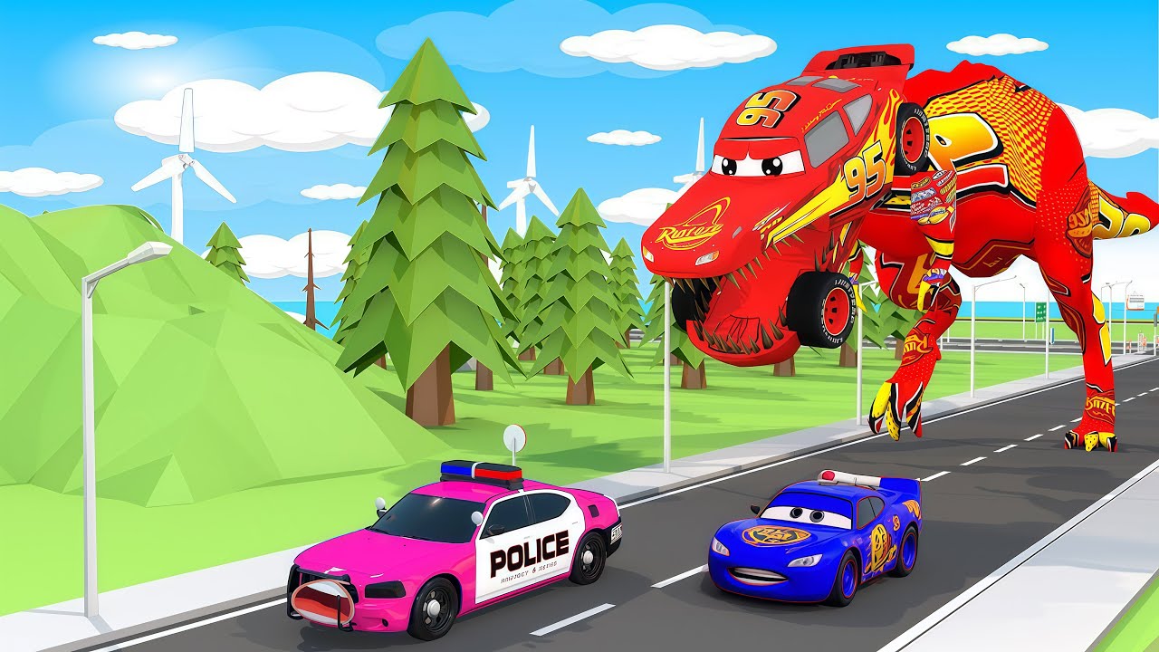 Dinosaur McQueen Chasing Police Car & McQueen – Epic Chase Battle! Who Will Win???