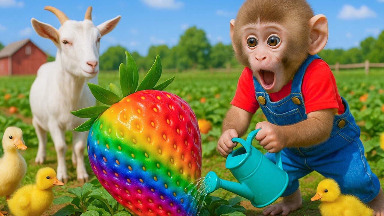 Monkey KOKI harvests giant strawberries and takes care of ducklings | Monkey harvest