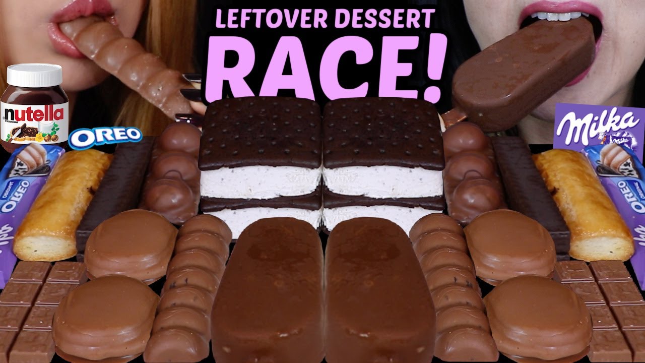 ASMR LEFTOVER DESSERT RACE! BIG CHOCOLATE ICE CREAM BAR, MILKA OREO BAR, NUTELLA PASTRY, FERRERO 먹방