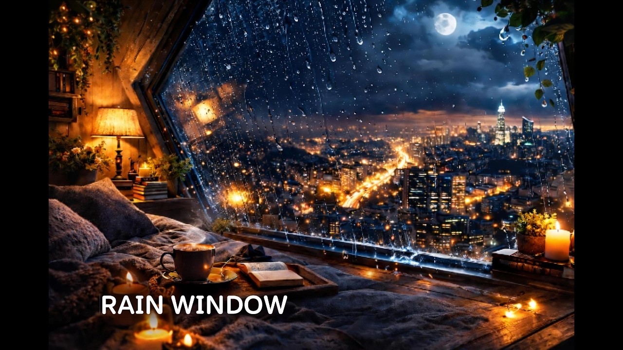 Rain on Window at Night – Cozy Attic Apartment with City Lights | Deep Focus, Study, Sleep
