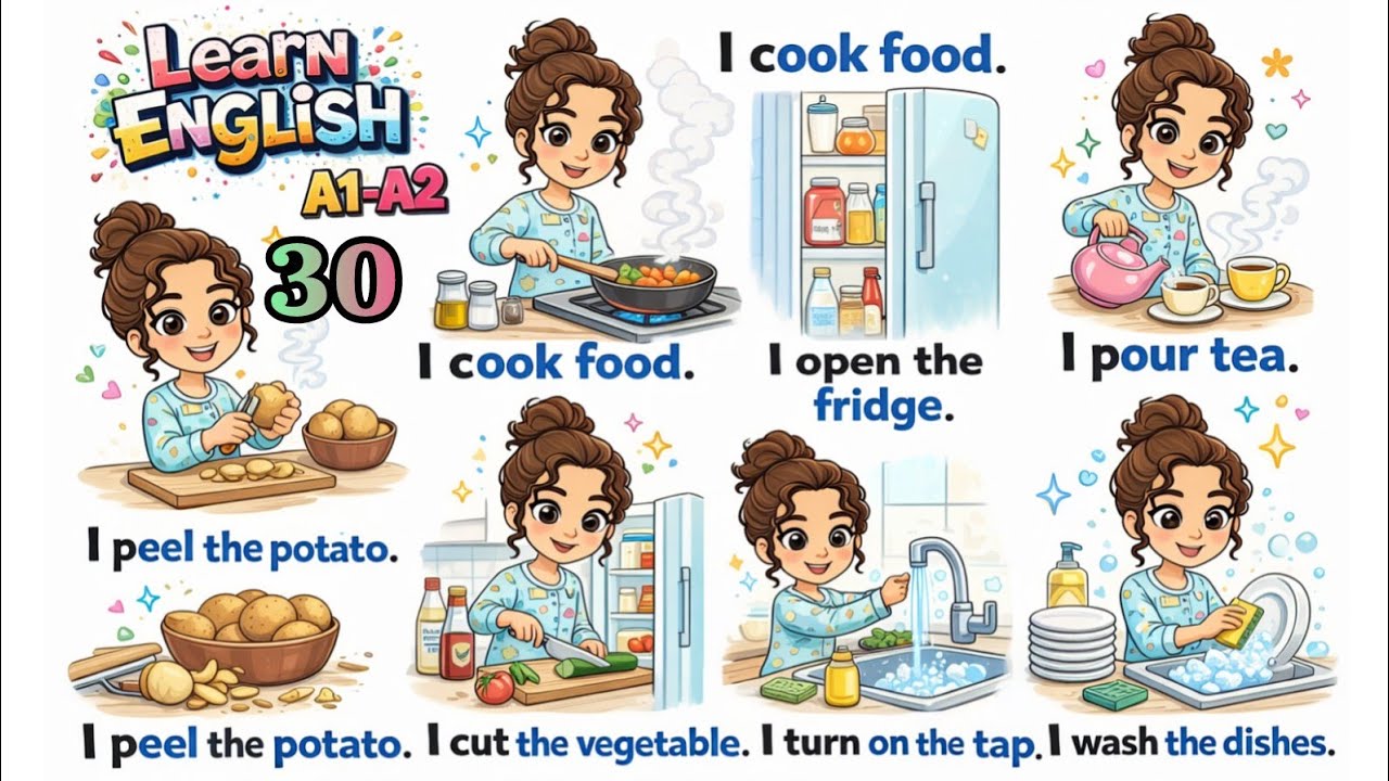 Learn English with Daily Kitchen Activities | Simple Action Sentences For Beginners (A1-A2 Level)