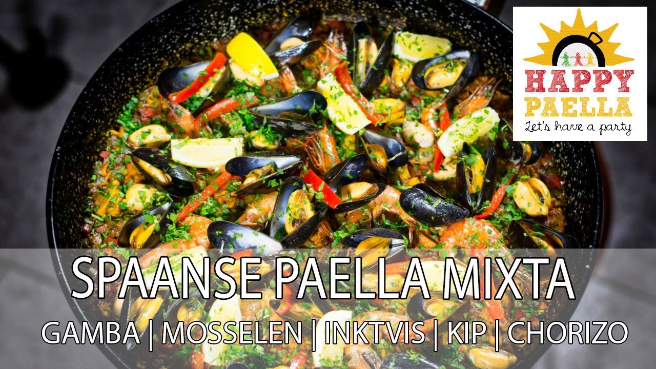 Echte Paella maken - RECEPT paella mixta met gamba, inktvis, mosselen, kip en chorizo