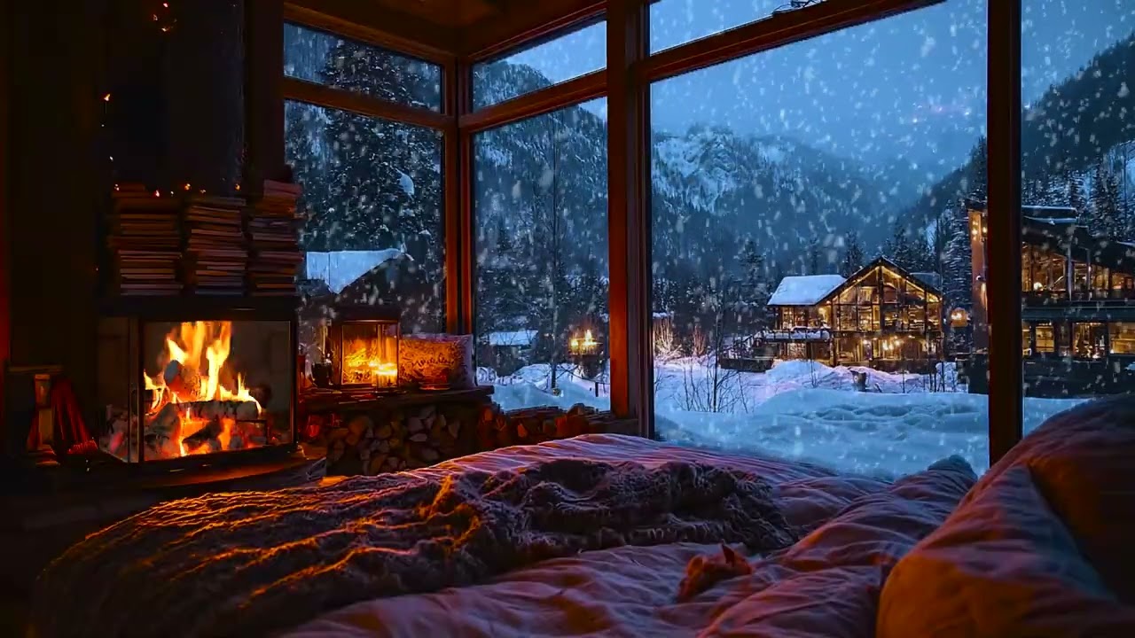 Heavy Snowfall at a Remote Mountain Cabin with Warm Fireplace Glow for Deep Sleep and Study Focus