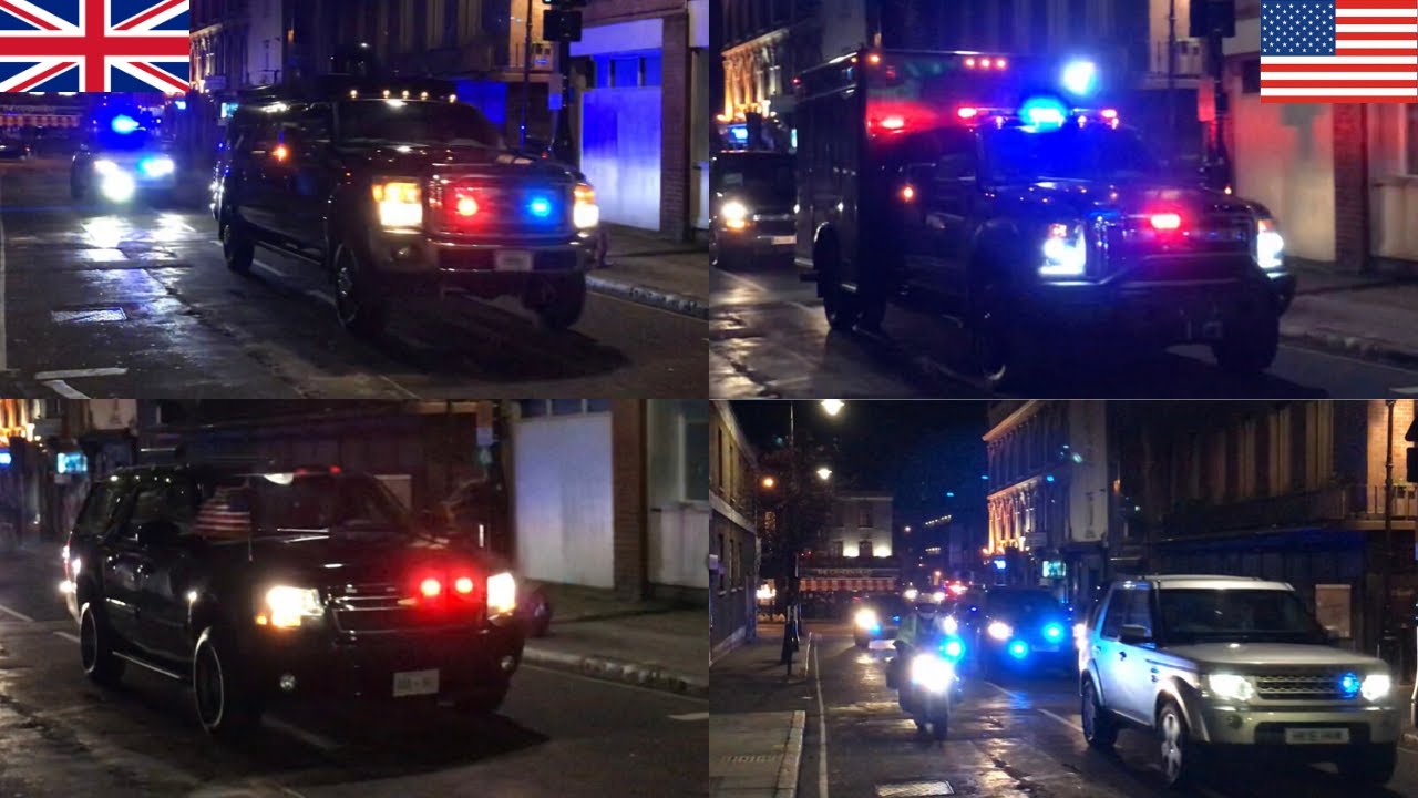 US President Donald Trump being escorted in full secret Service Motorcade through London.  Part 1.