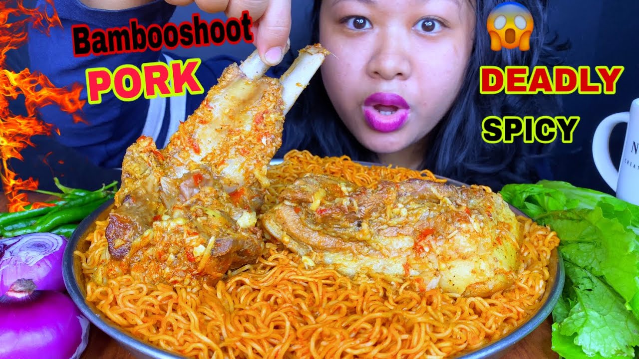 &lsquo;EXTREME SPICY&rsquo; EATING BAMBOO SHOOT PORK BELLY WITH WAI WAI NOODLES MUKBANG🔥PORK BELLY MUKBANG ASMR