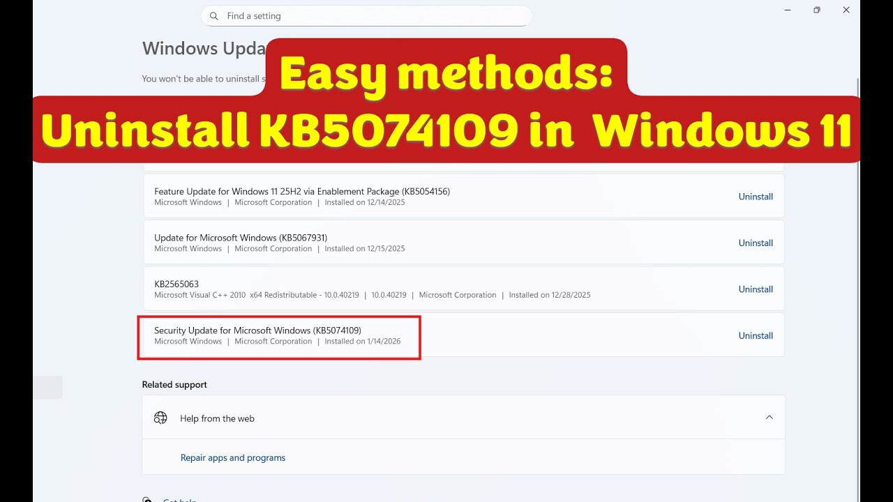 Как удалить KB5074109 в Windows 11 25H2 или 24H2