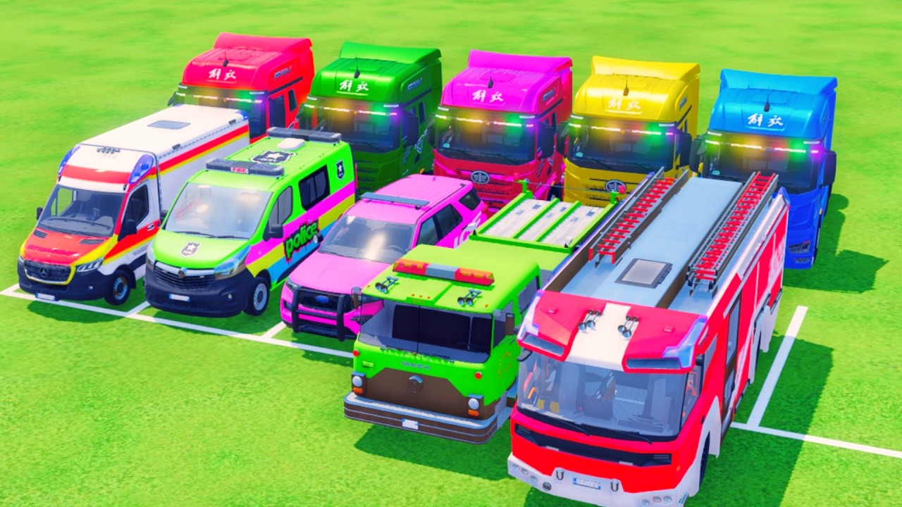 TRANSPORTING ALL POLICE CARS and AMBULANCE EMERGENCY VEHICLES WITH MERCEDES POLICE TRUCKS #124