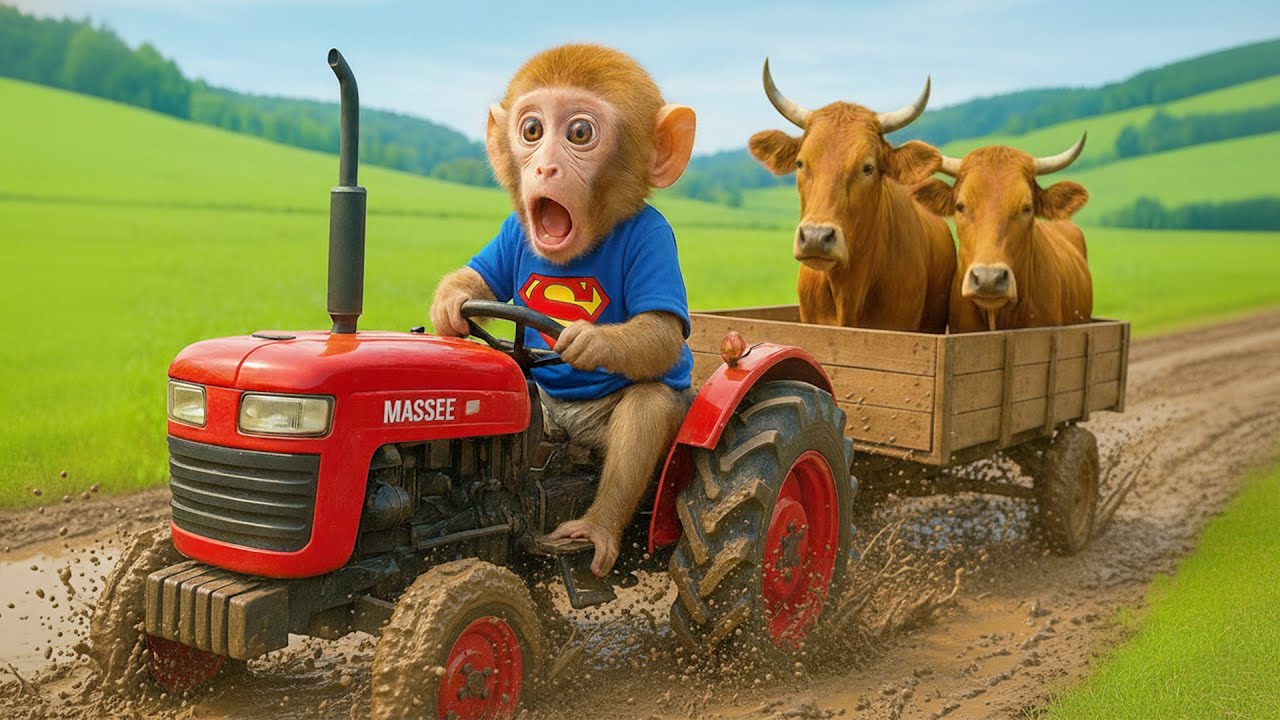 Monkey CP Drives Tractor Through Flood to Rescue an Injured Cow & Fix Damaged Road! 🚜🌧️🐮
