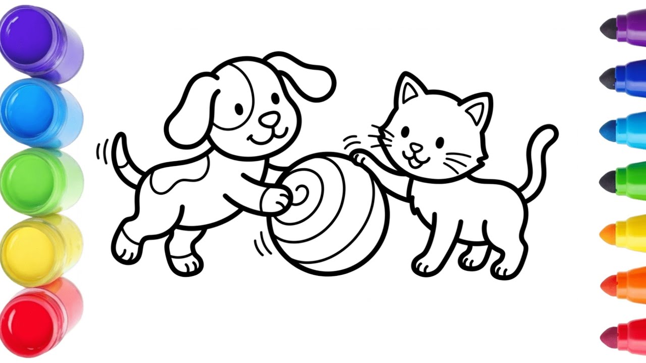 Cute Dog and Cat Playing Ball Coloring Page | Easy Kids Coloring