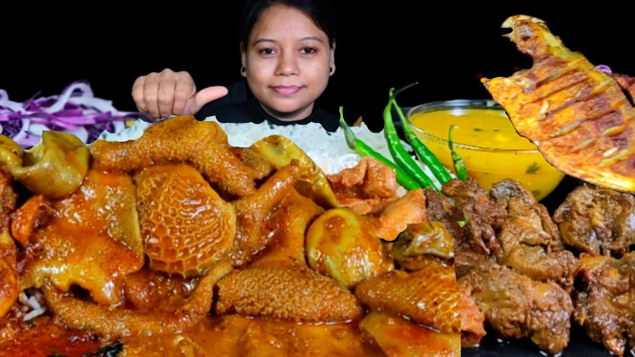 ASMR EATING SPICY MUTTON BOTI CURRY WITH RICE & CHICKEN GIZZARD FRY | GOAT INNARDS | INDIAN MUKBANG