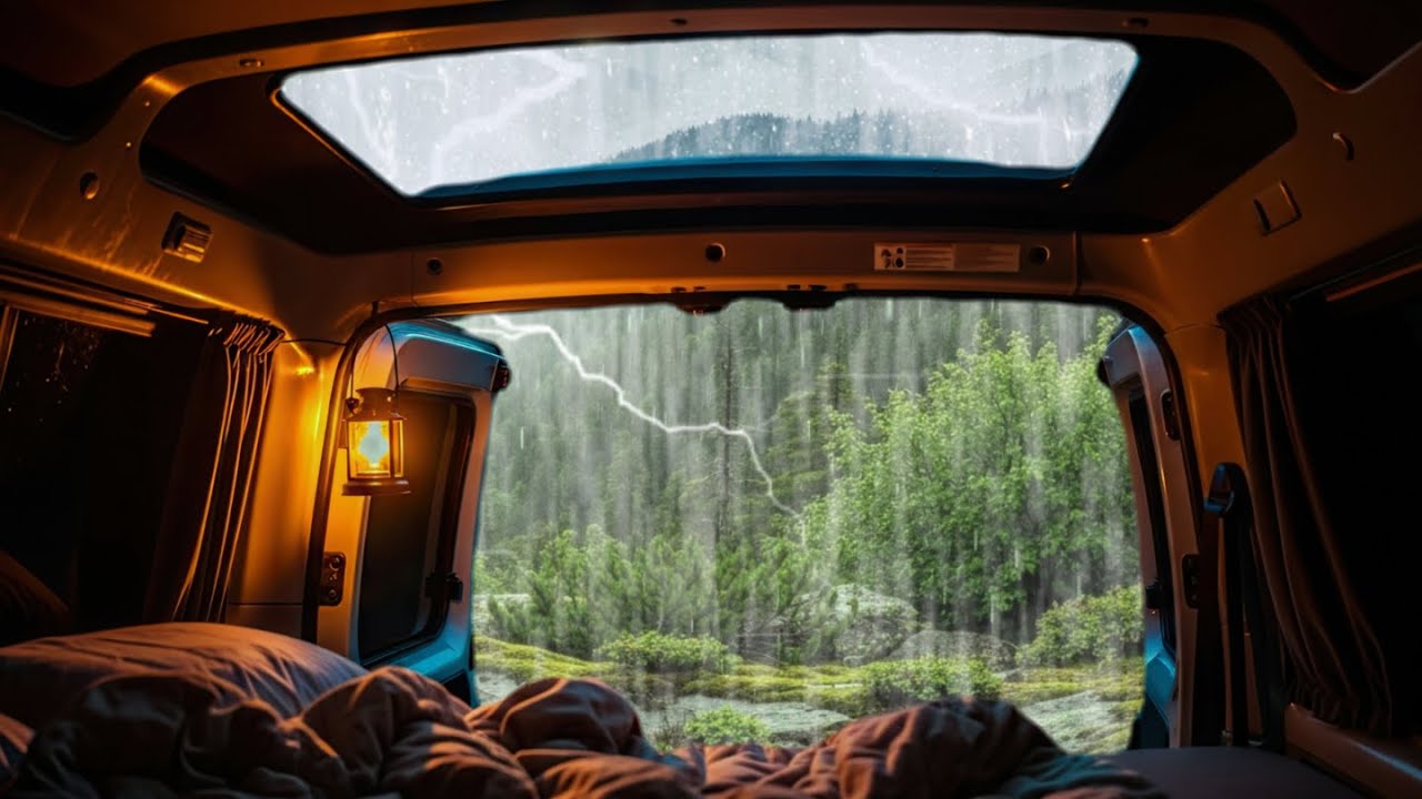 HEAVY RAIN IN THE CAR CABIN, MOUNTAIN FOREST ATMOSPHERE | SOUNDS FOR SLEEPING