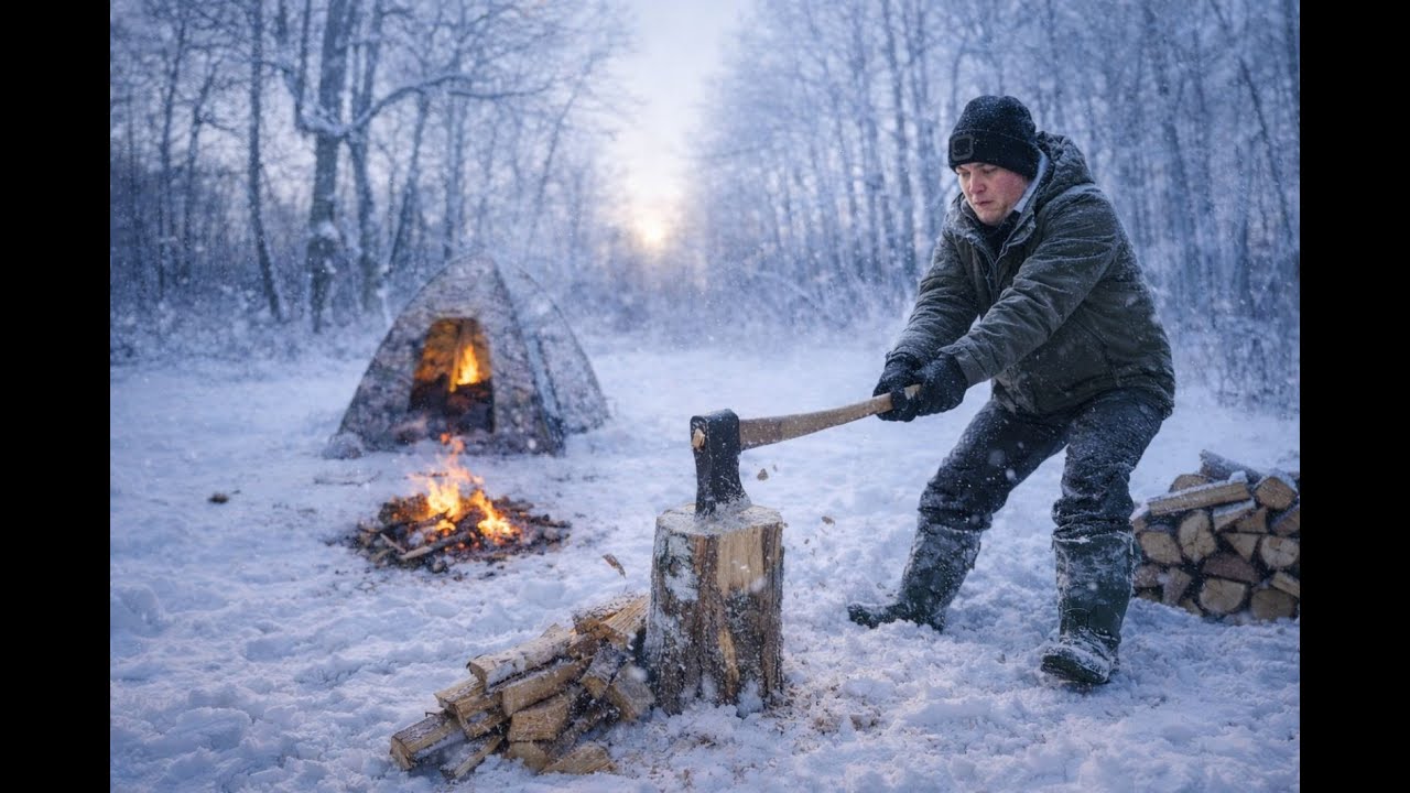 Winter Bushcraft on the river! Trying to catch fish and cooking food on a campfire.