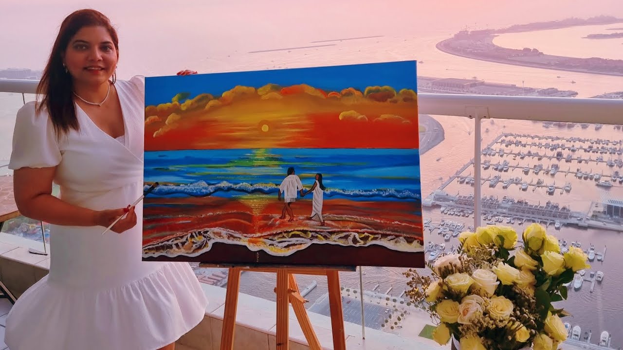 How to paint romantic couple on the sunset beach - Acrylic on Canvas