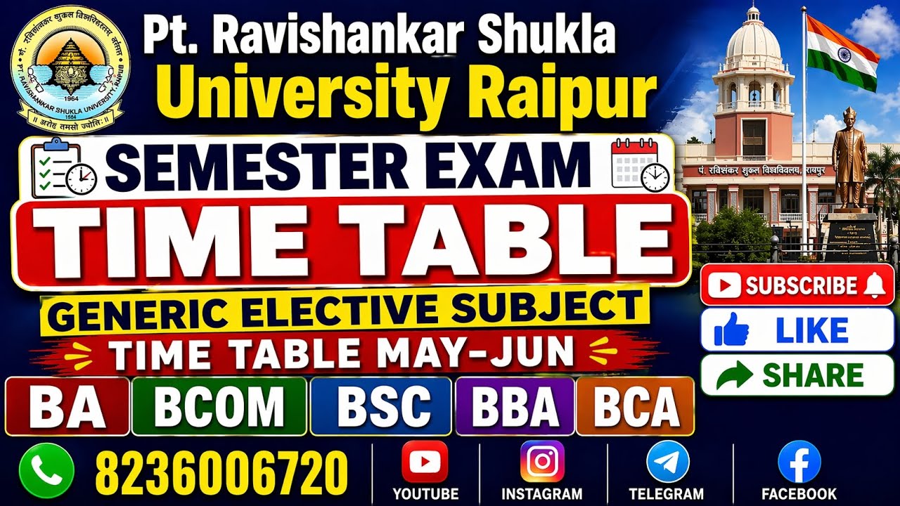 PRSU Semester Exam Generic Elective Subject Time Table (NEP) BA BCOM BSC BBA BCA